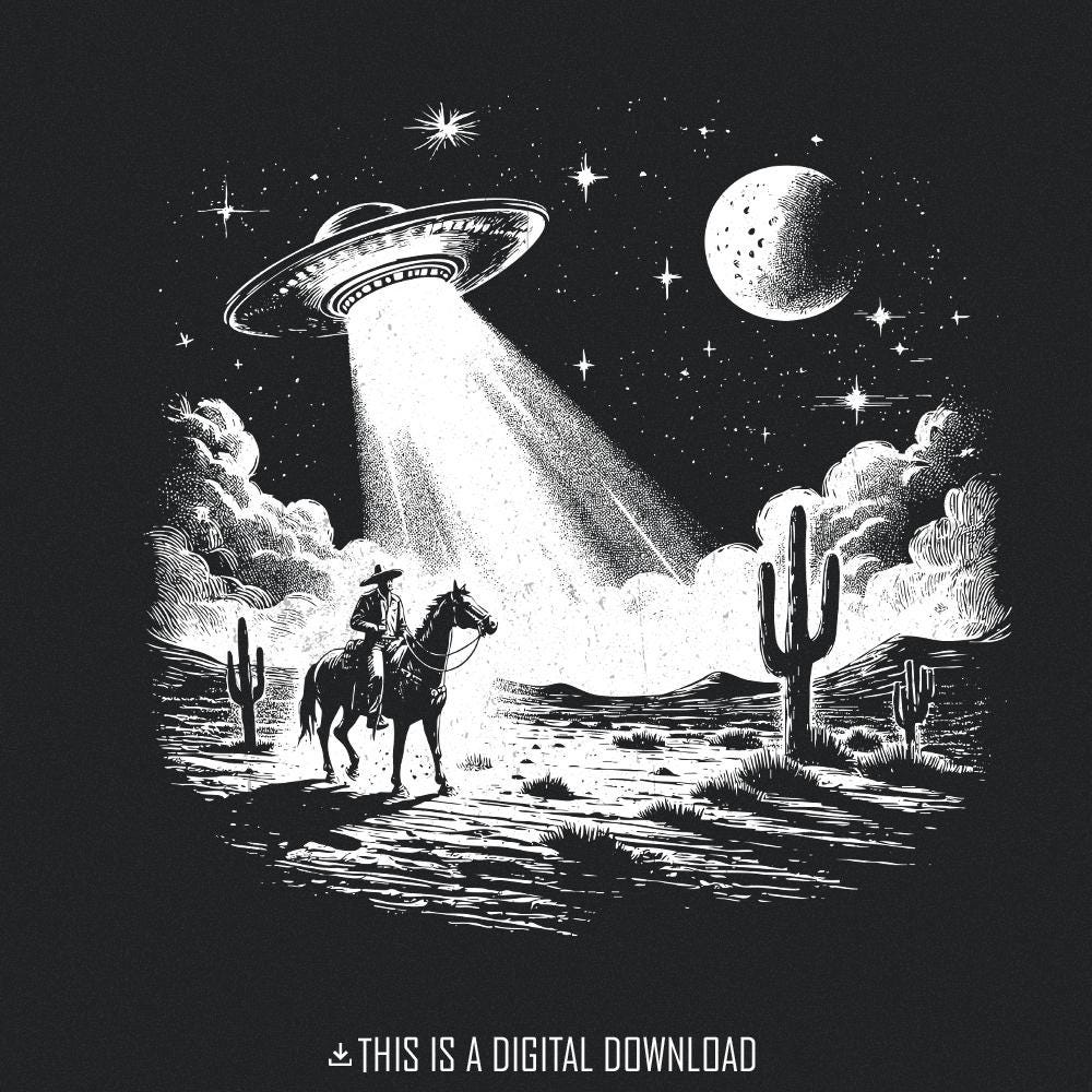 Cowboy UFO PNG Alt 2, Retro Alien Spaceship - 300 DPI Design for T-Shirt