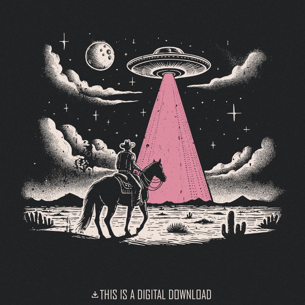 Retro stipple illustration of a cowboy on horseback in a desert at night, looking up at a UFO with a glowing pink tractor beam, space art PNG.