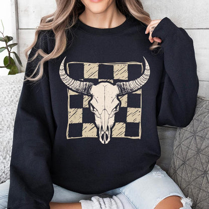 Checkered Bull Skull PNG, Longhorn Skull png - 300 DPI Design for T-Shirt