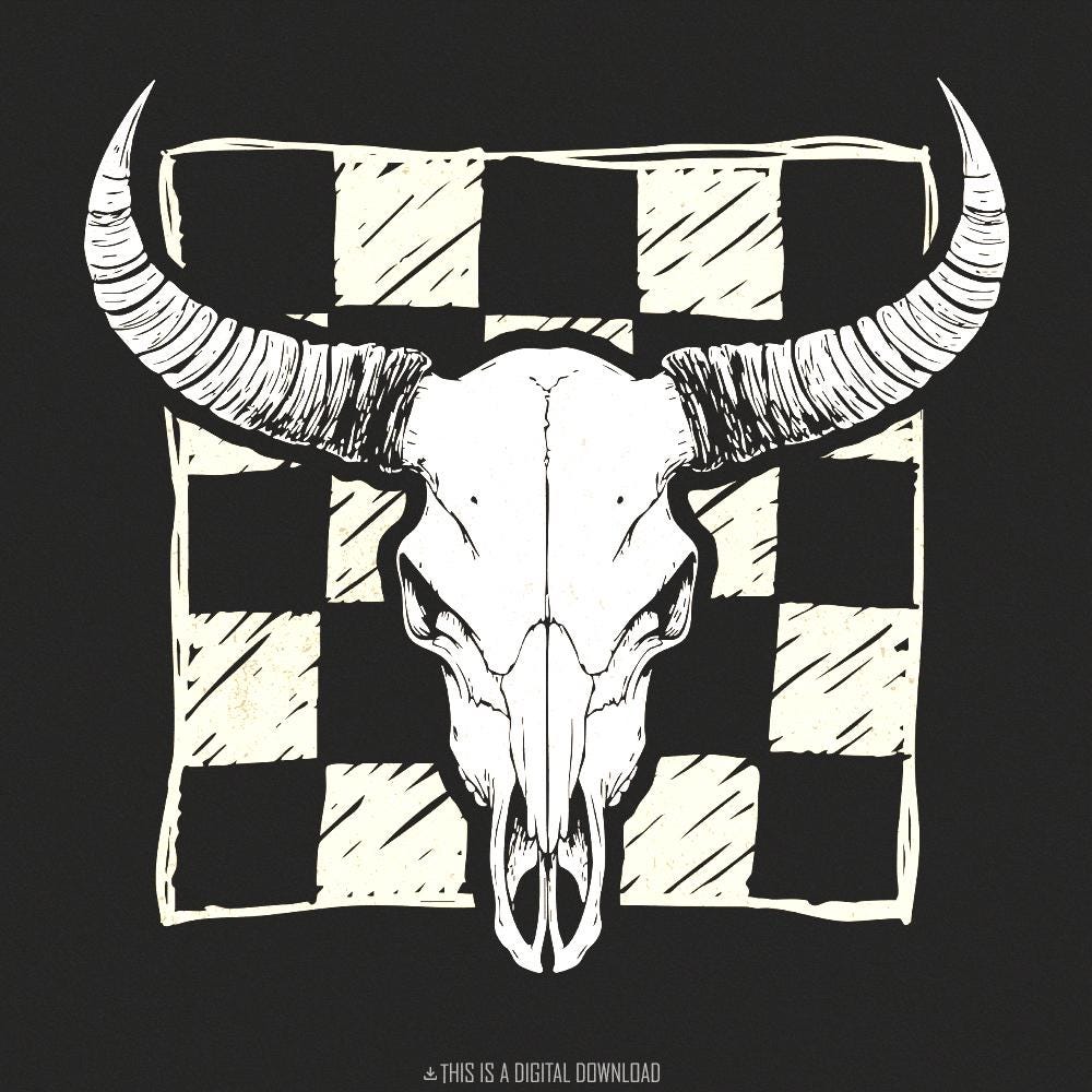 Checkered Bull Skull PNG, Longhorn Skull png - 300 DPI Design for T-Shirt