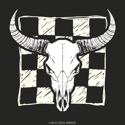 Checkered Bull Skull PNG, Longhorn Skull png - 300 DPI Design for T-Shirt
