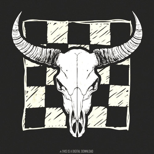 Checkered Bull Skull PNG, Longhorn Skull png - 300 DPI Design for T-Shirt
