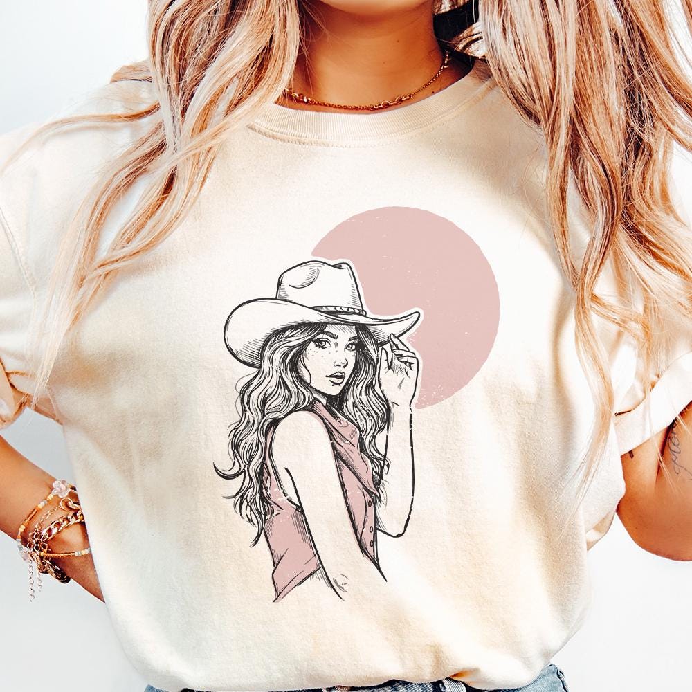 Cowgirl Portrait in Hat PNG, Feminine Western Fashion Art - 300 DPI