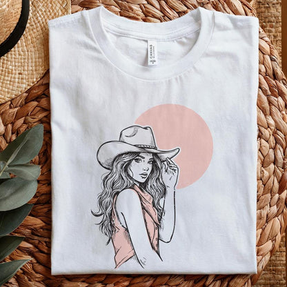 Cowgirl Portrait in Hat PNG, Feminine Western Fashion Art - 300 DPI