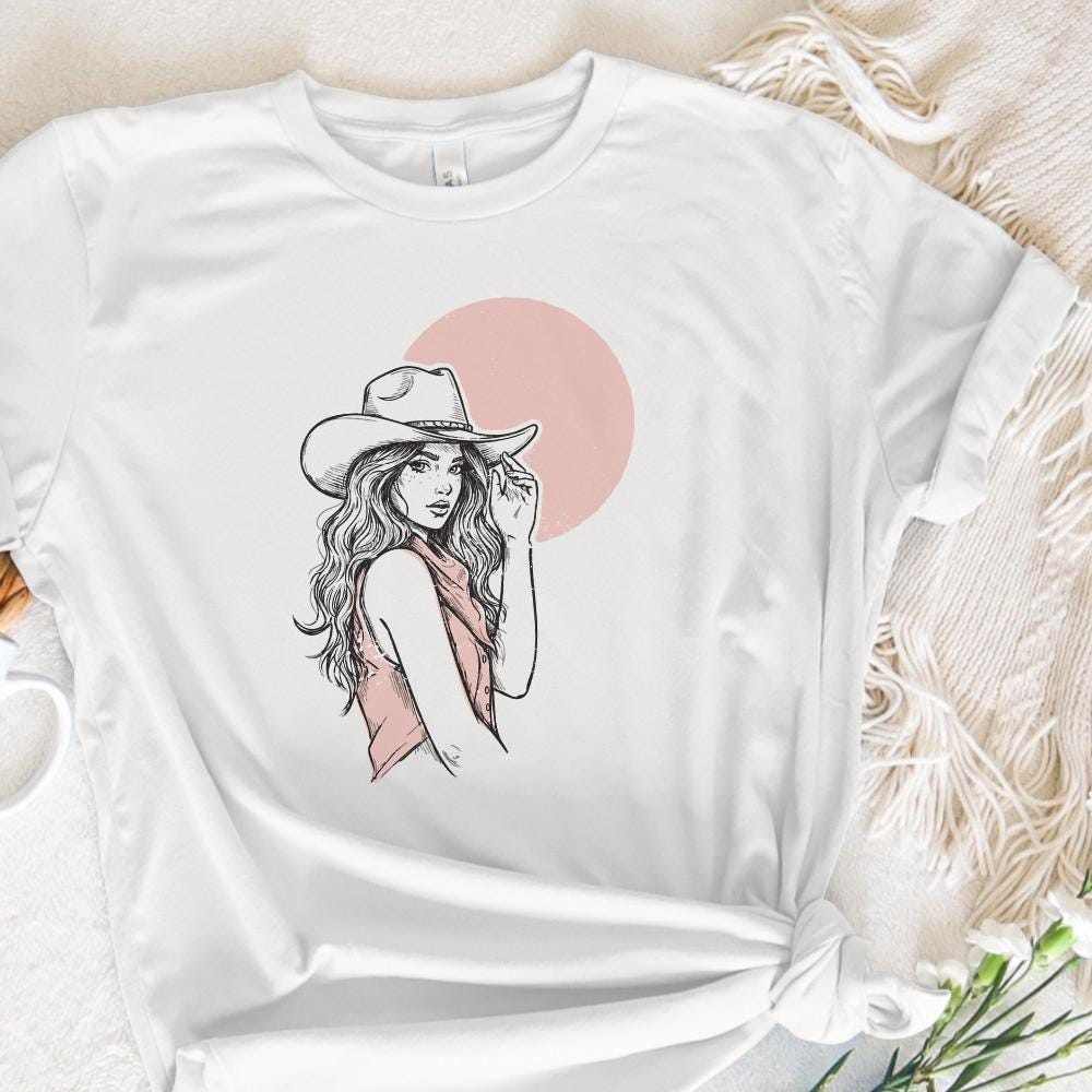 Cowgirl Portrait in Hat PNG, Feminine Western Fashion Art - 300 DPI