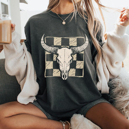 Checkered Bull Skull PNG, Longhorn Skull png - 300 DPI Design for T-Shirt