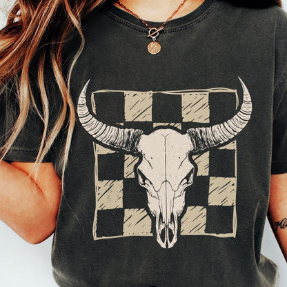 Checkered Bull Skull PNG, Longhorn Skull png - 300 DPI Design for T-Shirt