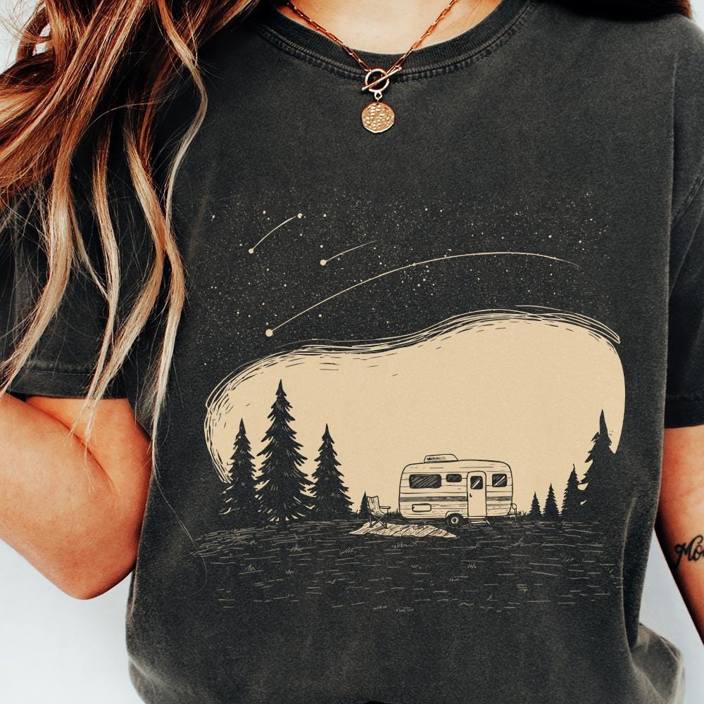 Camping Life PNG, Retro Camper Under Stars - 300 DPI Design for T-Shirt
