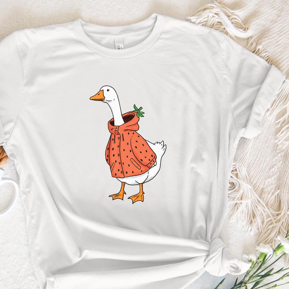Hand-drawn strawberry goose graphic with clean lines and soft colors, perfect for creating unique stickers or wall art prints.
