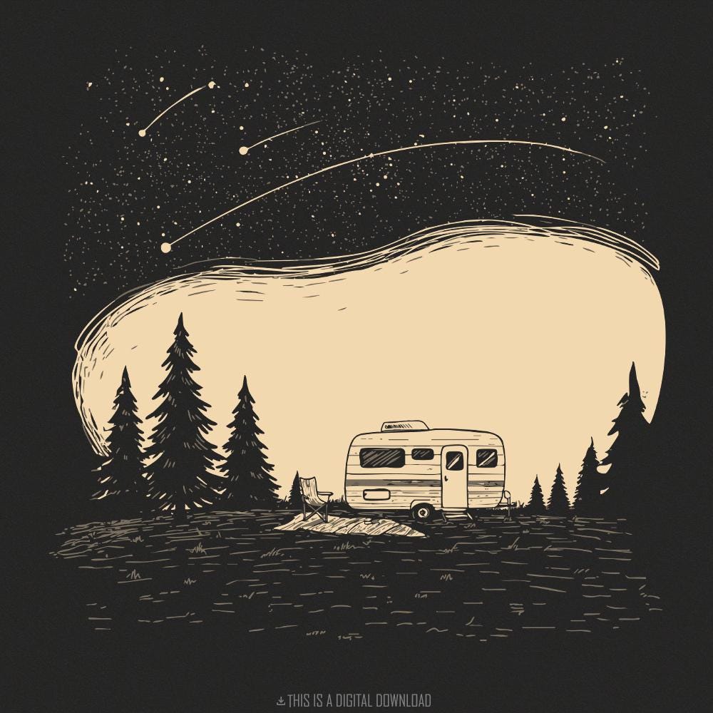 Camping Life PNG, Retro Camper Under Stars - 300 DPI Design for T-Shirt