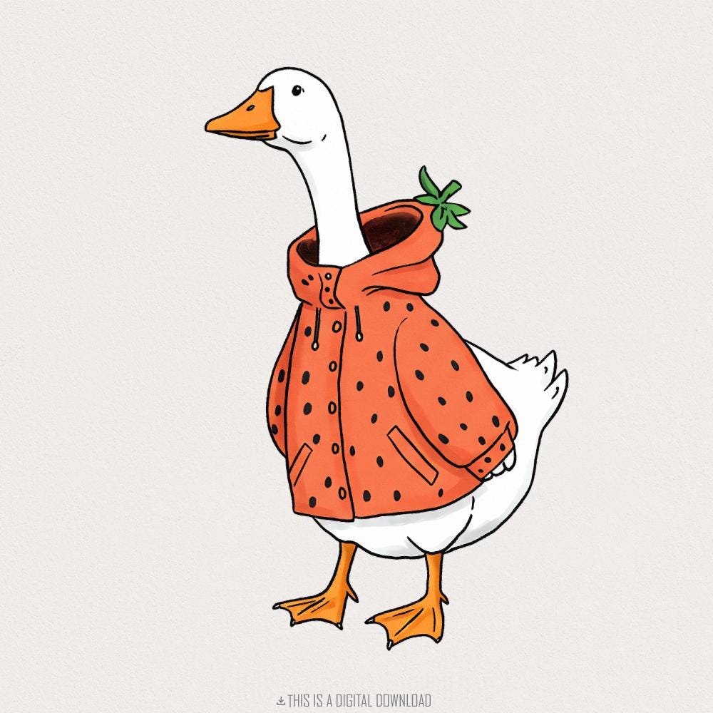Whimsical white goose wearing a strawberry-patterned raincoat with a green leaf hood, retro cottagecore illustration for sublimation.