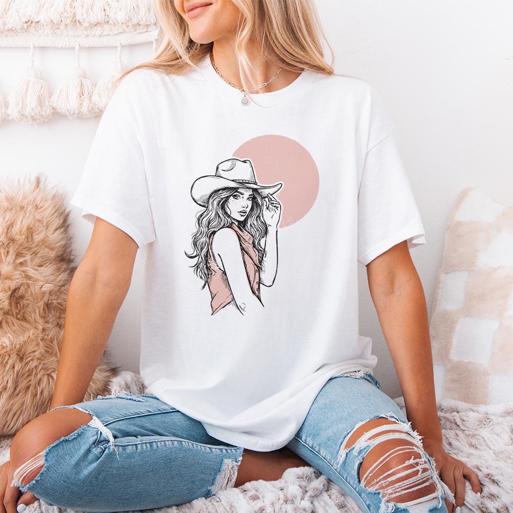 Cowgirl Portrait in Hat PNG, Feminine Western Fashion Art - 300 DPI