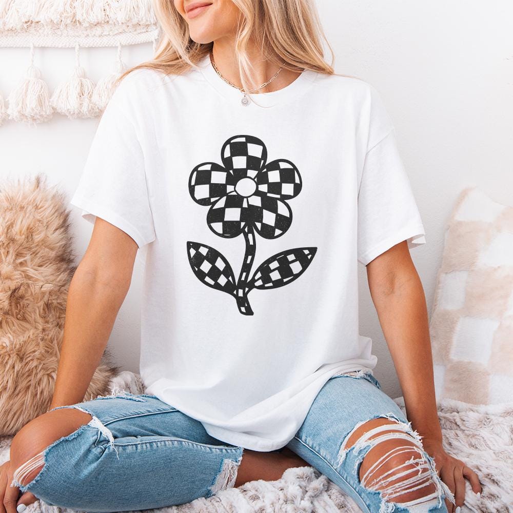 Checkered Flowers PNG, Checkerboard Boho Flower - 300 DPI Design for