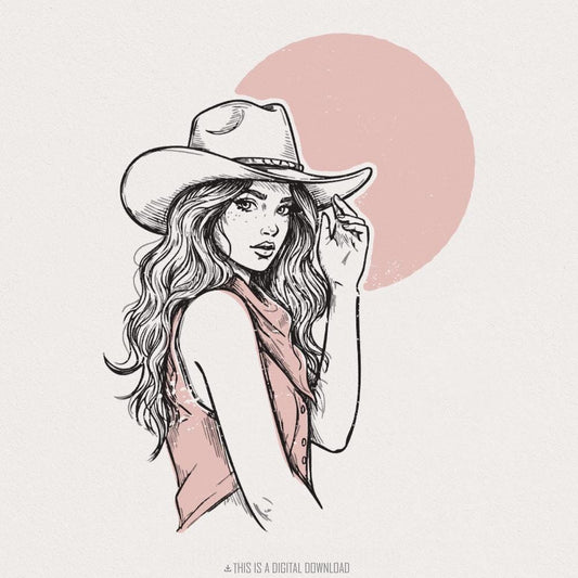 Cowgirl Portrait in Hat PNG, Feminine Western Fashion Art - 300 DPI