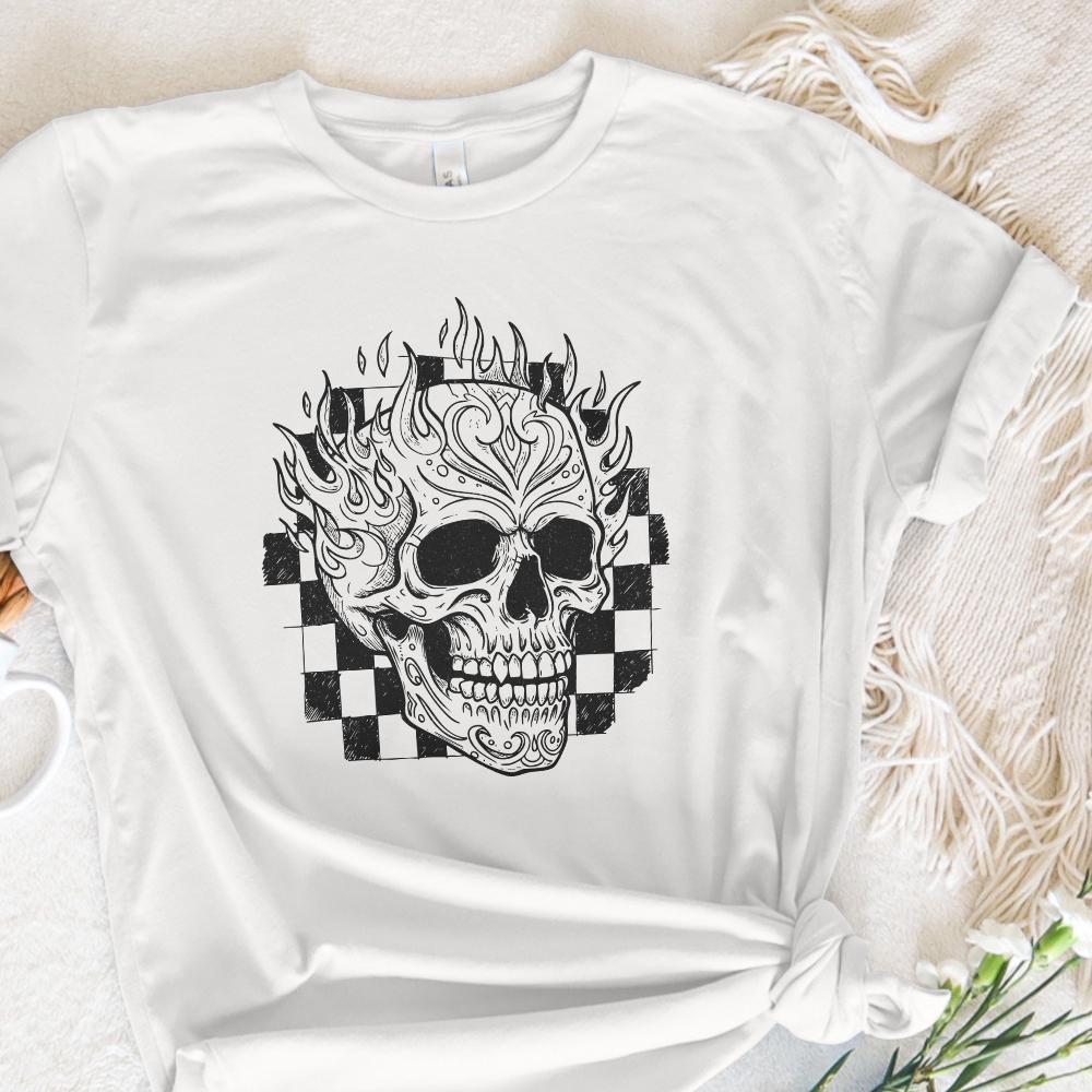 Flaming Skull PNG, Vintage Skull with Fire and Checkerboard Background -