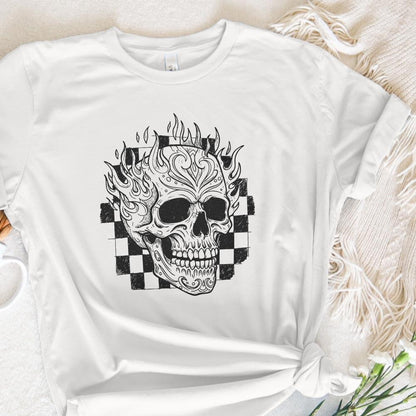 Flaming Skull PNG, Vintage Skull with Fire and Checkerboard Background -