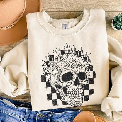 Flaming Skull PNG, Vintage Skull with Fire and Checkerboard Background -
