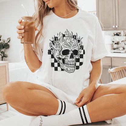 Flaming Skull PNG, Vintage Skull with Fire and Checkerboard Background -