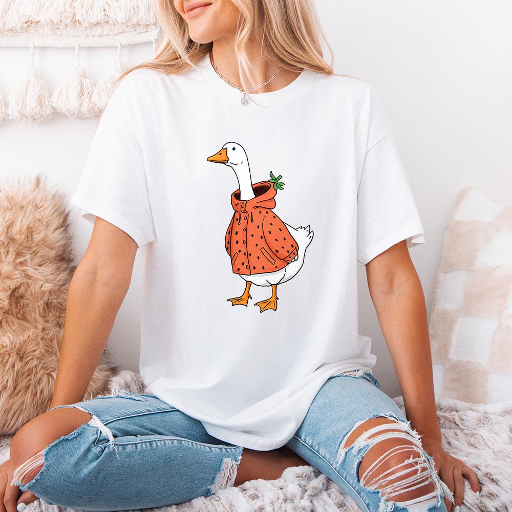 Cute digital art of a goose in a strawberry-inspired jacket, perfect for custom apparel, stickers, or cottagecore-themed DIY projects.