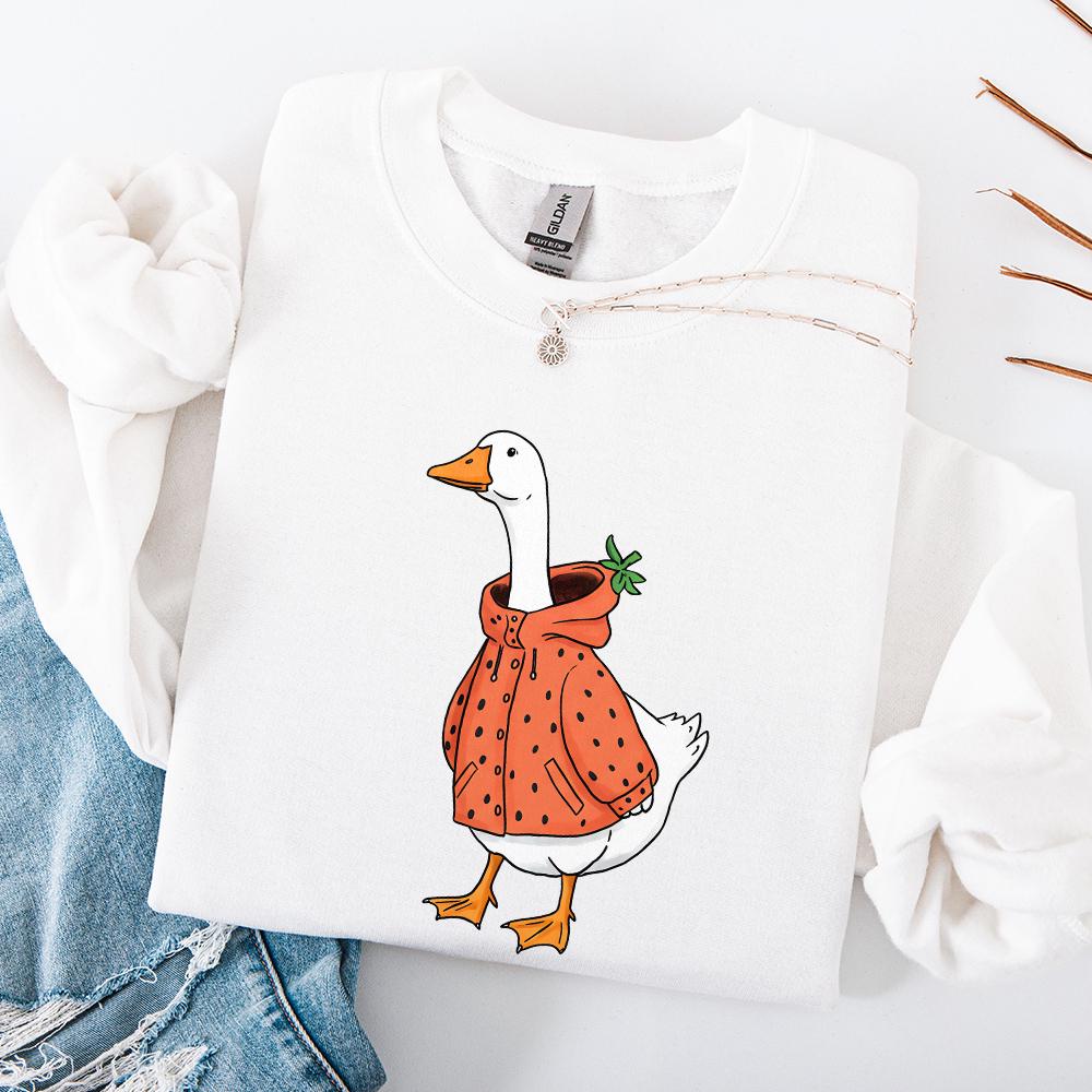 Retro-style white goose wearing a red raincoat with black seeds and a green stem hood, high-resolution transparent PNG design.