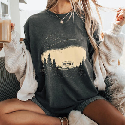 Camping Life PNG, Retro Camper Under Stars - 300 DPI Design for T-Shirt