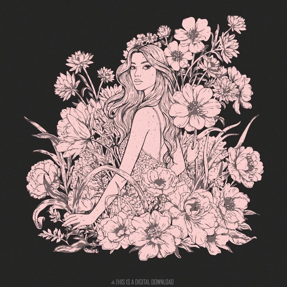 Floral Woman Portrait PNG, Elegant Feminine Illustration - 300 DPI Design