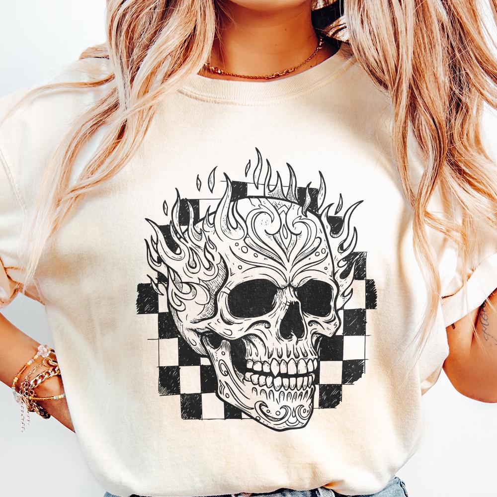 Flaming Skull PNG, Vintage Skull with Fire and Checkerboard Background -