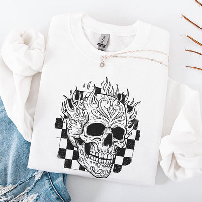 Flaming Skull PNG, Vintage Skull with Fire and Checkerboard Background -