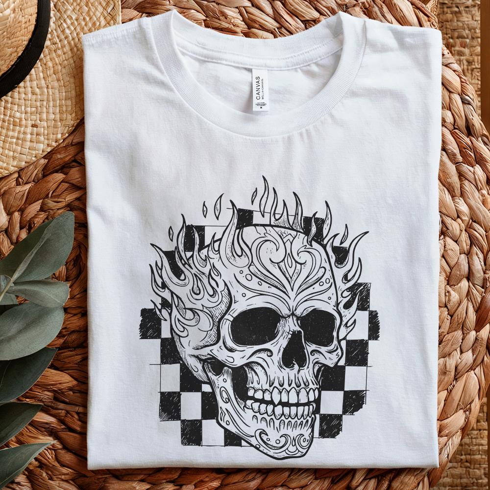Flaming Skull PNG, Vintage Skull with Fire and Checkerboard Background -
