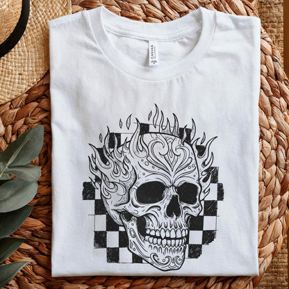 Flaming Skull PNG, Vintage Skull with Fire and Checkerboard Background -