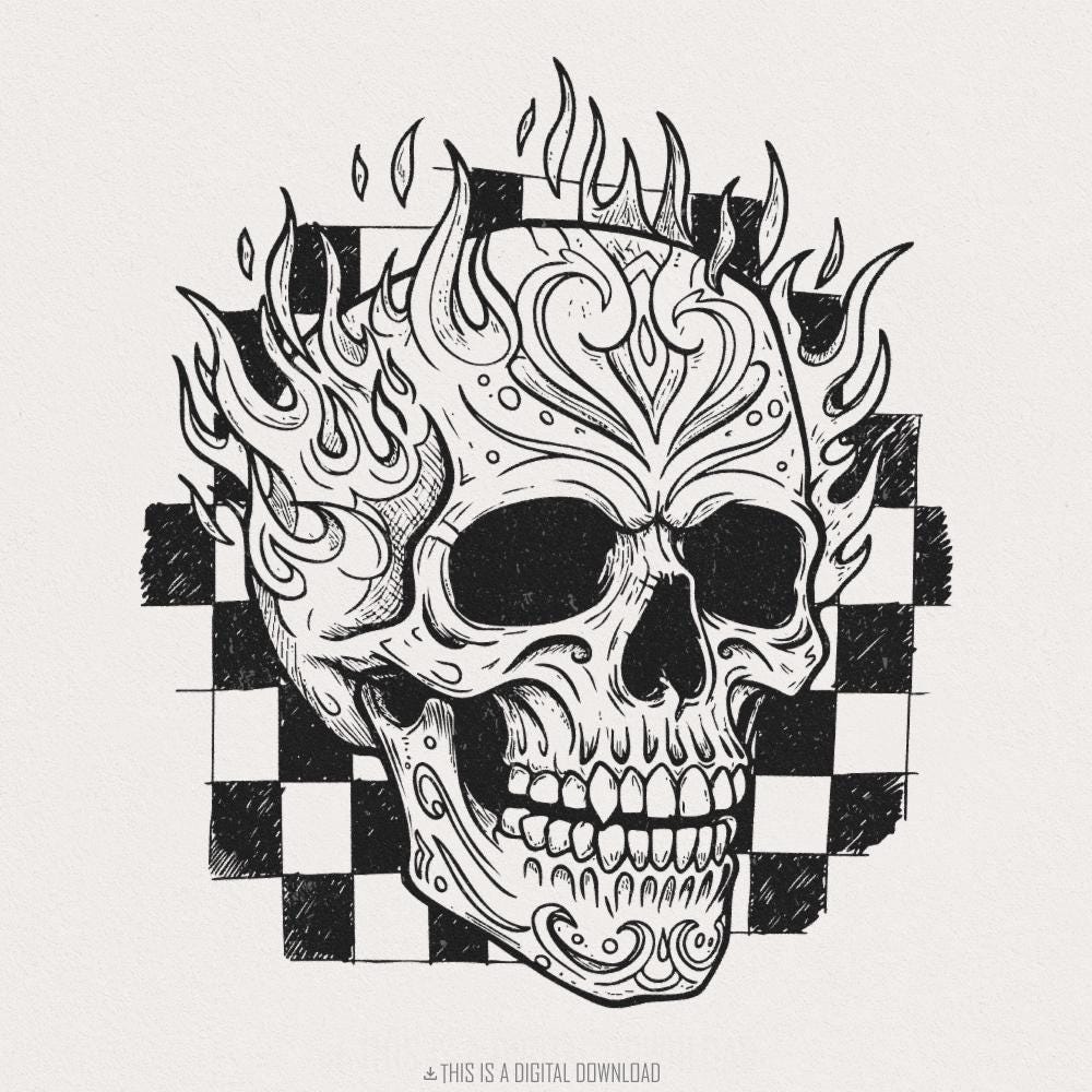 Flaming Skull PNG, Vintage Skull with Fire and Checkerboard Background -