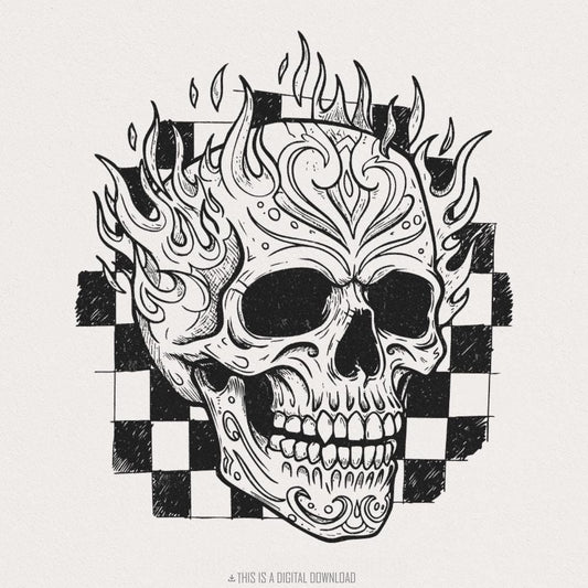 Flaming Skull PNG, Vintage Skull with Fire and Checkerboard Background -