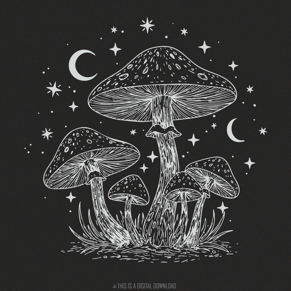 Mushroom and Moon PNG, Mystical Toadstool Night Scene - 300 DPI Design