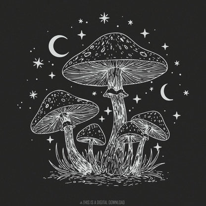 Mushroom and Moon PNG, Mystical Toadstool Night Scene - 300 DPI Design