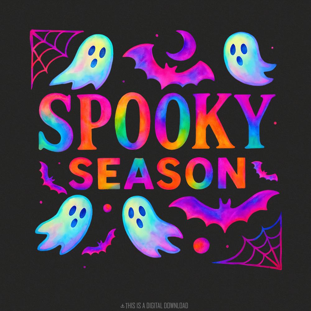 Spooky Season PNG, Neon Halloween Ghost - 300 DPI Design for T-Shirt