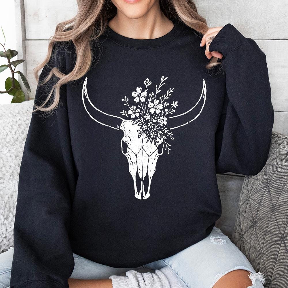 Boho Cow Skull with Wildflowers PNG Art, Western Floral Skull PNG - 300