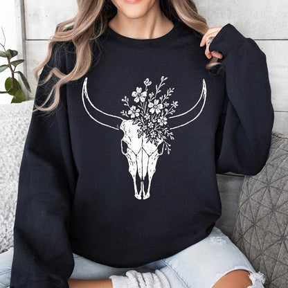 Boho Cow Skull with Wildflowers PNG Art, Western Floral Skull PNG - 300