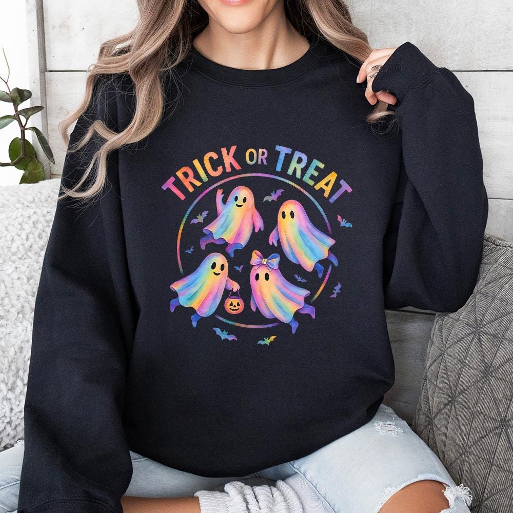 Trick Or Treat PNG, Cute Rainbow Ghost Halloween PNG - 300 DPI Design for