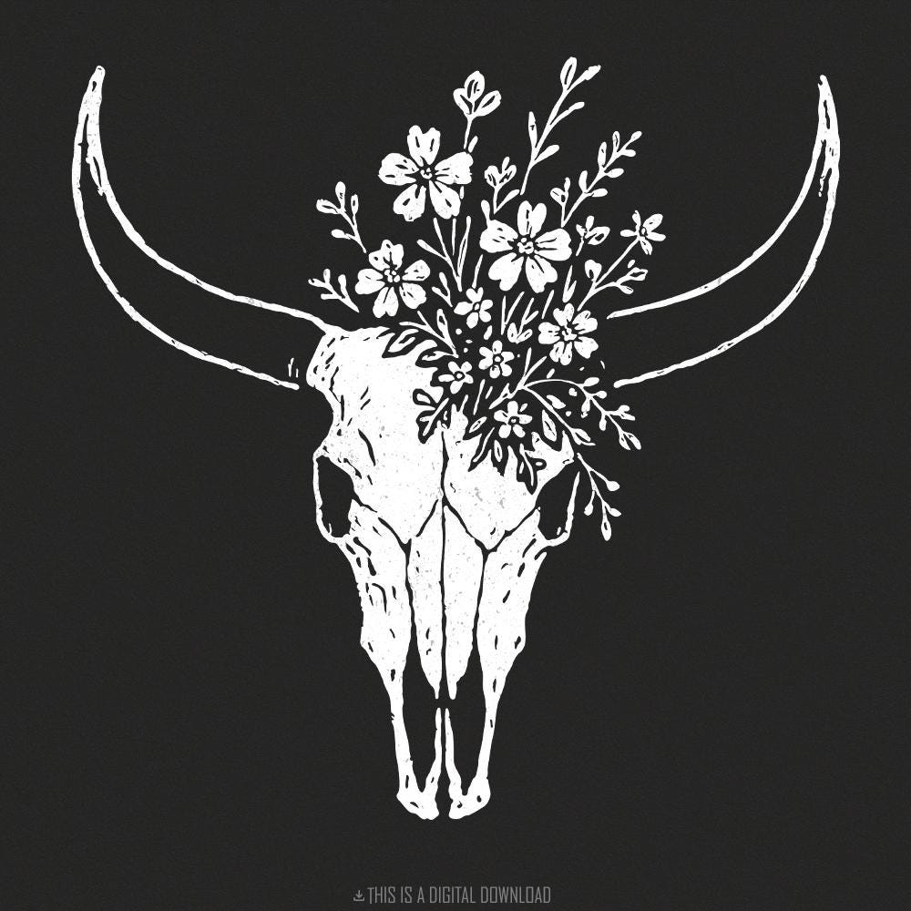 Boho Cow Skull with Wildflowers PNG Art, Western Floral Skull PNG - 300