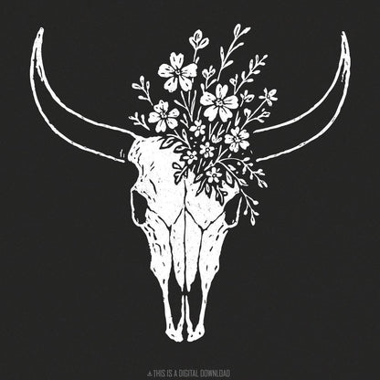 Boho Cow Skull with Wildflowers PNG Art, Western Floral Skull PNG - 300