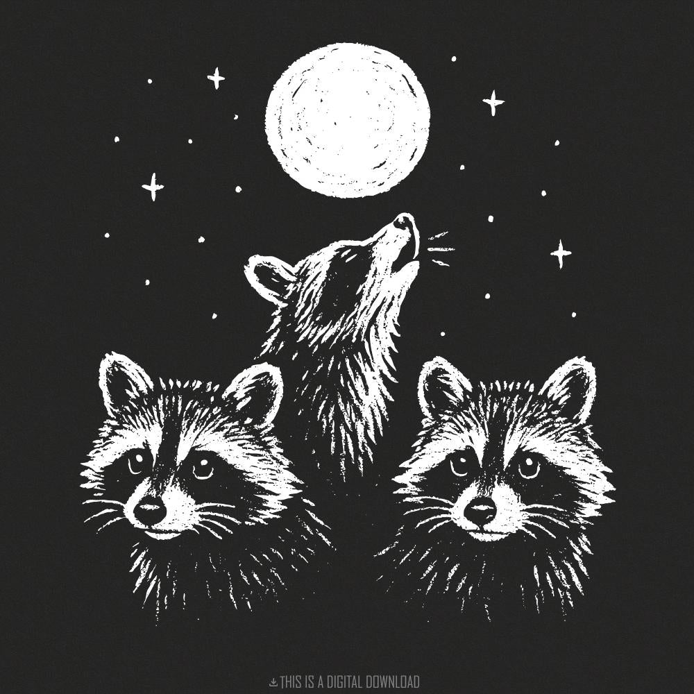 Moonlit Raccoon Trio PNG, Woodland Animal PNG - 300 DPI Design for T-Shirt