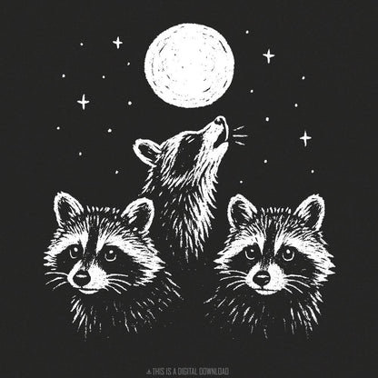 Moonlit Raccoon Trio PNG, Woodland Animal PNG - 300 DPI Design for T-Shirt