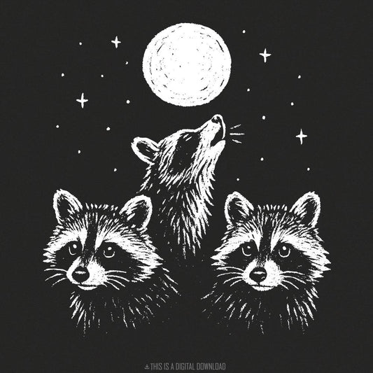 Moonlit Raccoon Trio PNG, Woodland Animal PNG - 300 DPI Design for T-Shirt