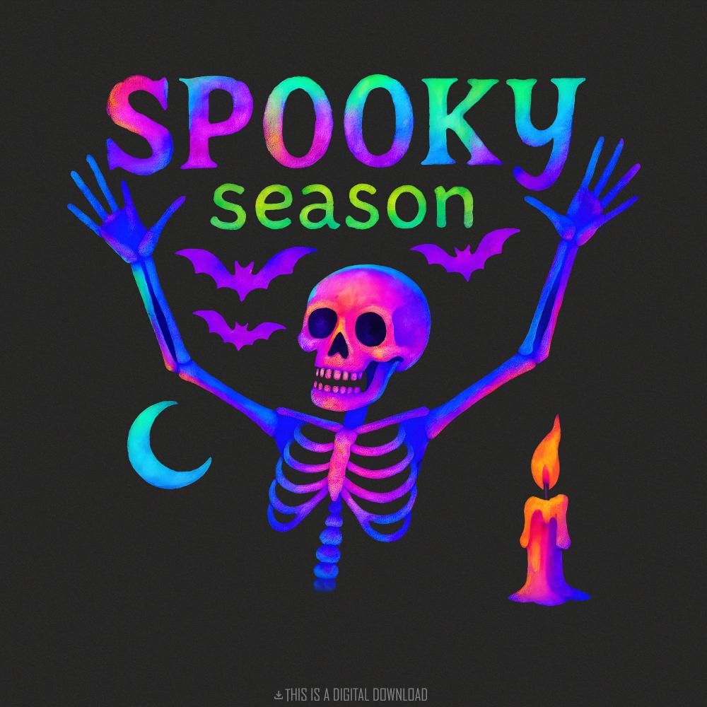 Spooky Season Skeleton PNG, Neon Halloween Bones - 300 DPI Design for