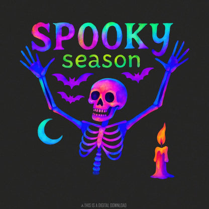 Spooky Season Skeleton PNG, Neon Halloween Bones - 300 DPI Design for