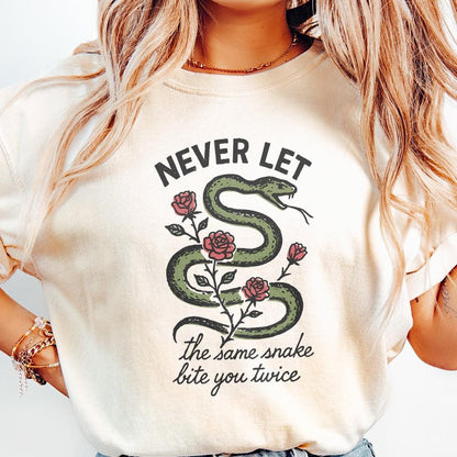 Never Let The Same Snake Bite You Twice PNG, Retro Snake And Rose Design