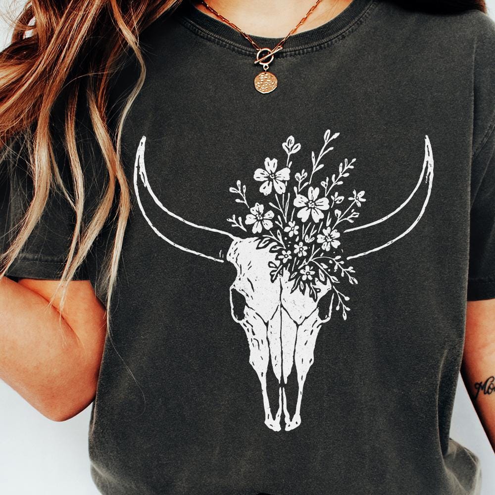 Boho Cow Skull with Wildflowers PNG Art, Western Floral Skull PNG - 300