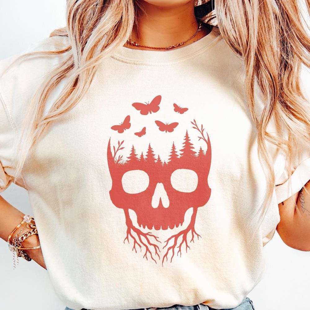 Skull Forest PNG, Nature Skull Art with Trees and Butterflies PNG - 300