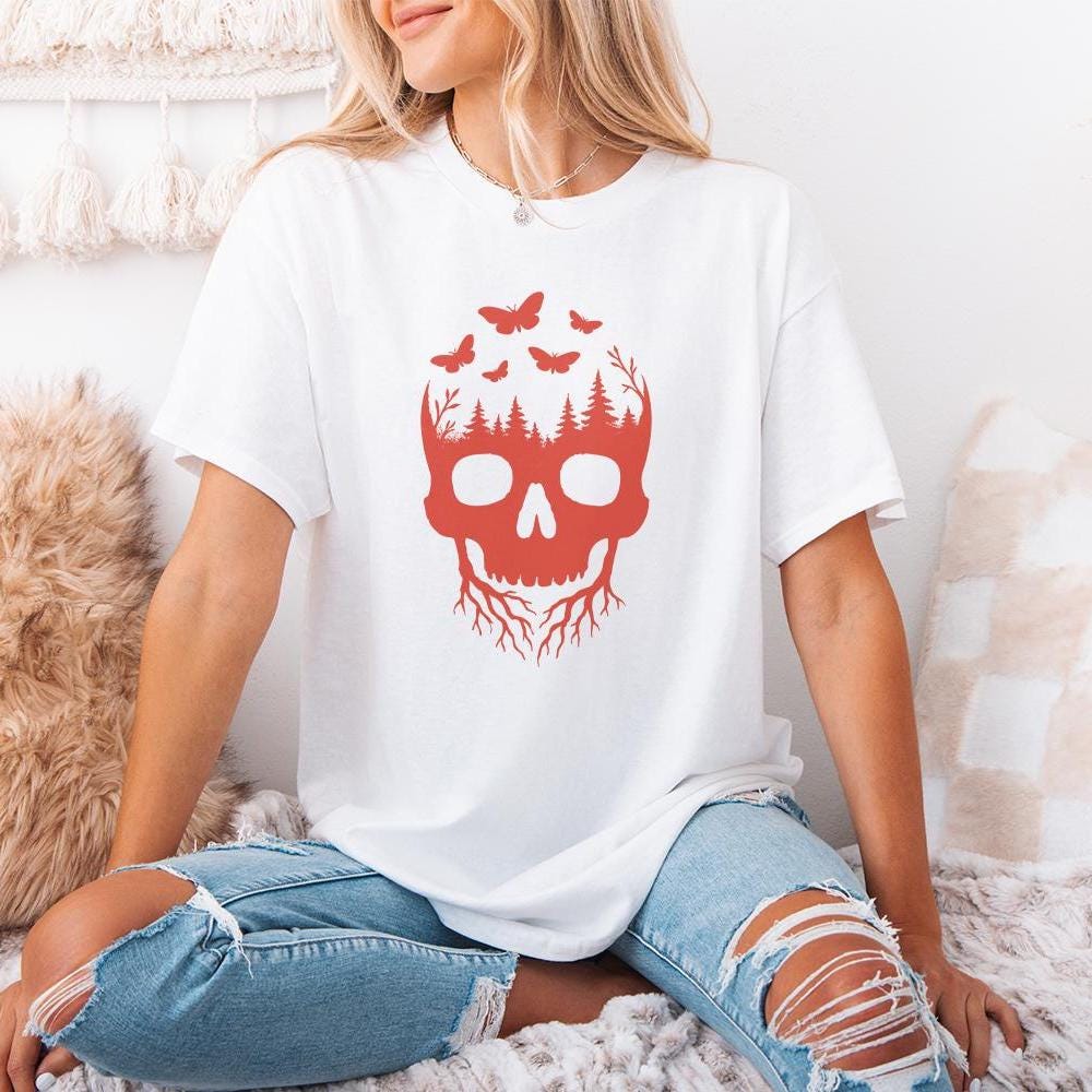 Skull Forest PNG, Nature Skull Art with Trees and Butterflies PNG - 300