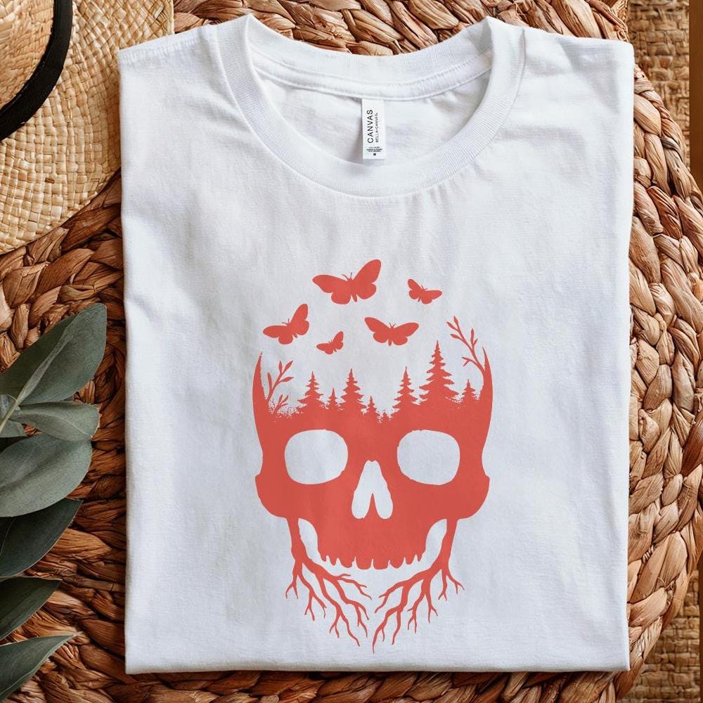 Skull Forest PNG, Nature Skull Art with Trees and Butterflies PNG - 300